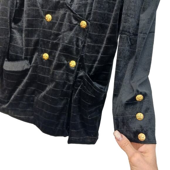 Velvet Jacket BLACK Blazer GOLD BUTTONS Deep V-neck Front Puff Shoulders Pockets - Picture 6 of 16